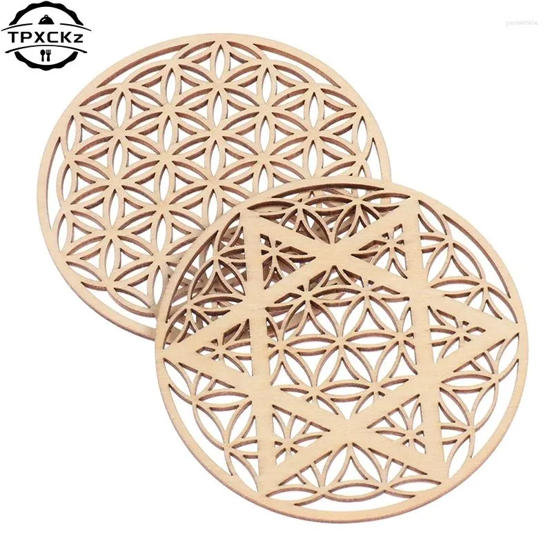 Table Mats 1PC Creative Pattern Hollow Wood Flower Of Life Natural Symbol Round Edge For Stone Crystal Set DIY Decoration