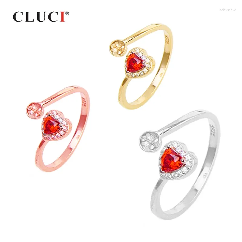 Cluster anneaux CLUCI 925 STERLING Silver Femmes Heart Pearl Ring Montage Réglable Rouge Love Zircon Bijoux SR2190SB