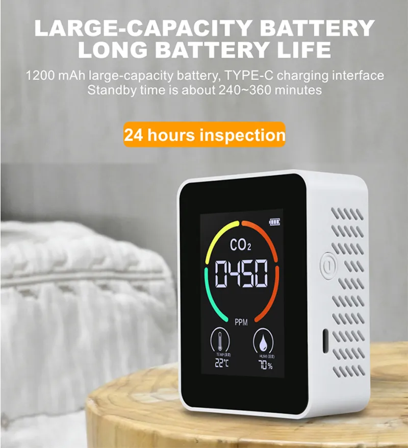 3 IN 1 CO2 INDOOR QUALITÉ AIR MONITEUR HANDELD PORTABLE DE BURANT DIOXYDE DIOXYDE ANALYSER DÉTECTION DÉTECTOYAGE HUMIDIT