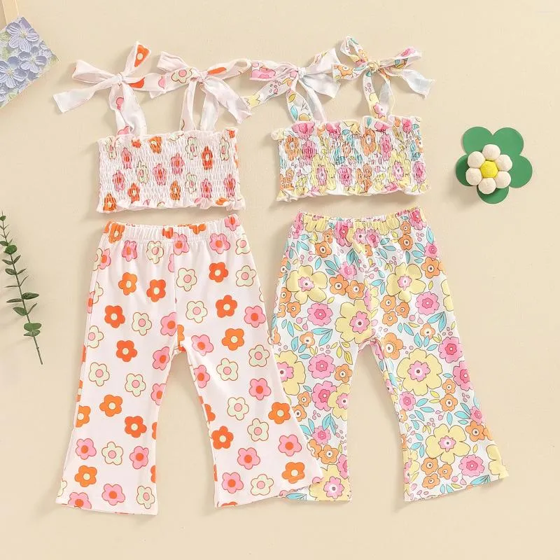 Clothing Sets Kids Clothes Girls 2 Piece Outfits Floral Print Bandage Sleeveless Camisole And Elastic Flared Pants Set Summer Baby