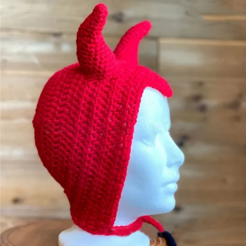Crochet Beanie Red Devil Horn Beanie Goth Hat MonyPlay Devil Horns