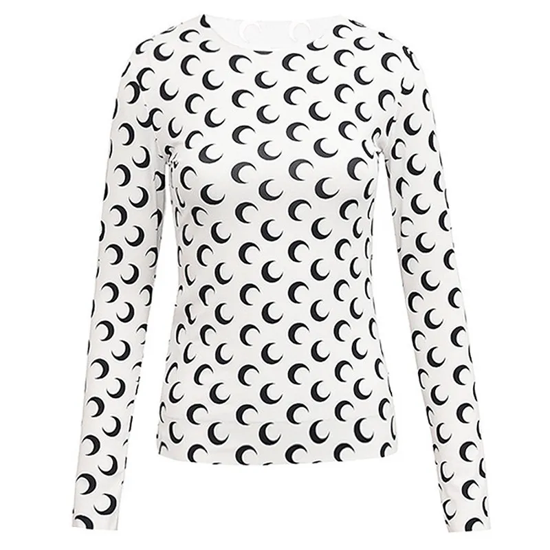 Designer Women Long Sleeve T Shirts Solid Color Ice Silk Moon Print Bodycon Round Neck Slim Casual Tops Lady Fashion Outfits