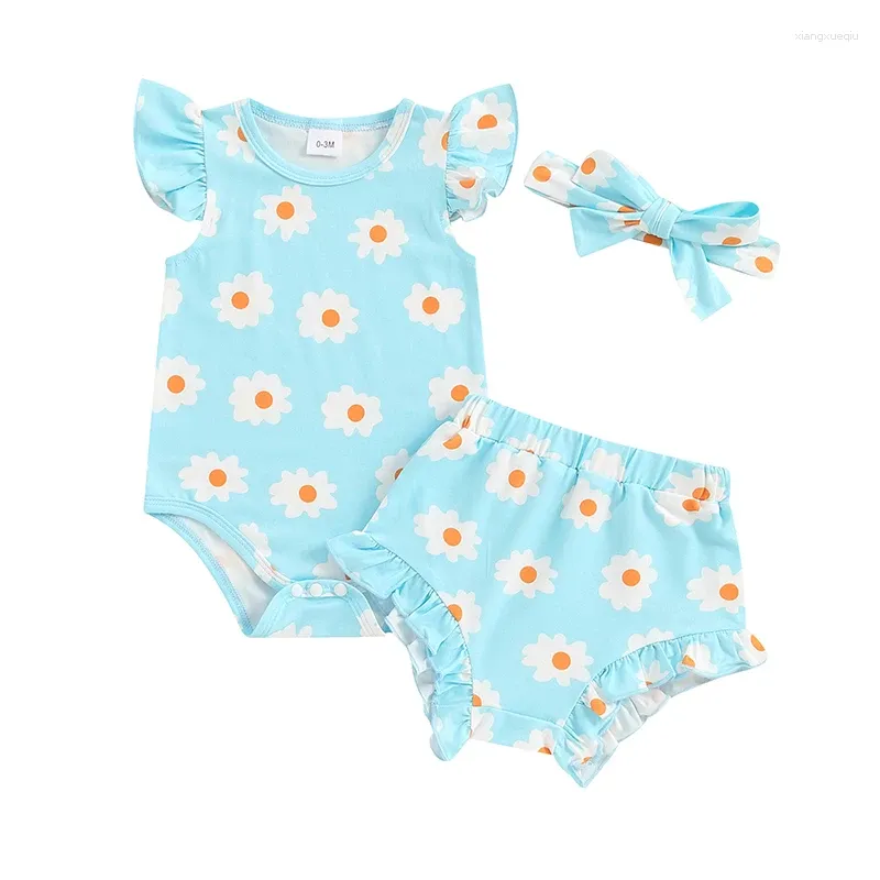 Kleidungssets Säugling Baby Mädchen Sommer Outfit Blumendruck Ärmel Strampler Rüschen Bloomer Shorts Stirnband Geborenes Kleidungsset