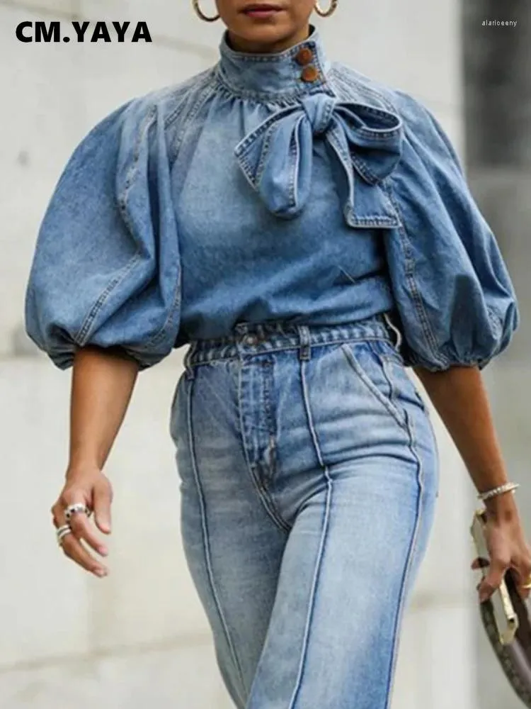 Koszule kobiet cm. Kobiety mody dżinsowe krótkie topy z rękawów latarni krawat łuk 2024 Ins Streetwear Jean Casual Girl T-shirty