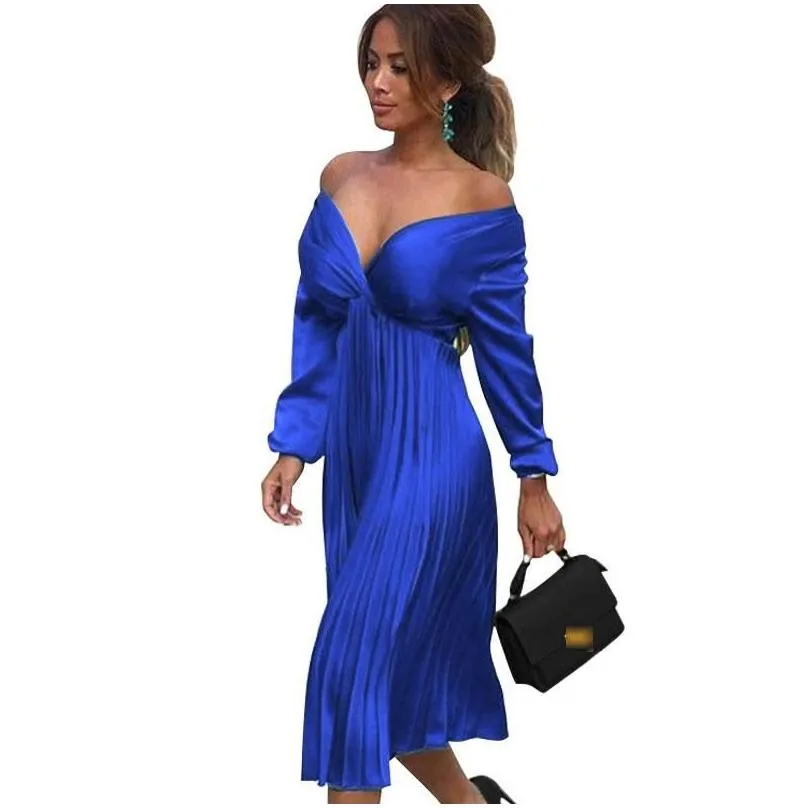 Robes décontractées de base élégantes robe en satin plissée Femmes 2021 Automne hiver hors de la longueur longue manche dames vertes vestidos y farty drop de dhwjz