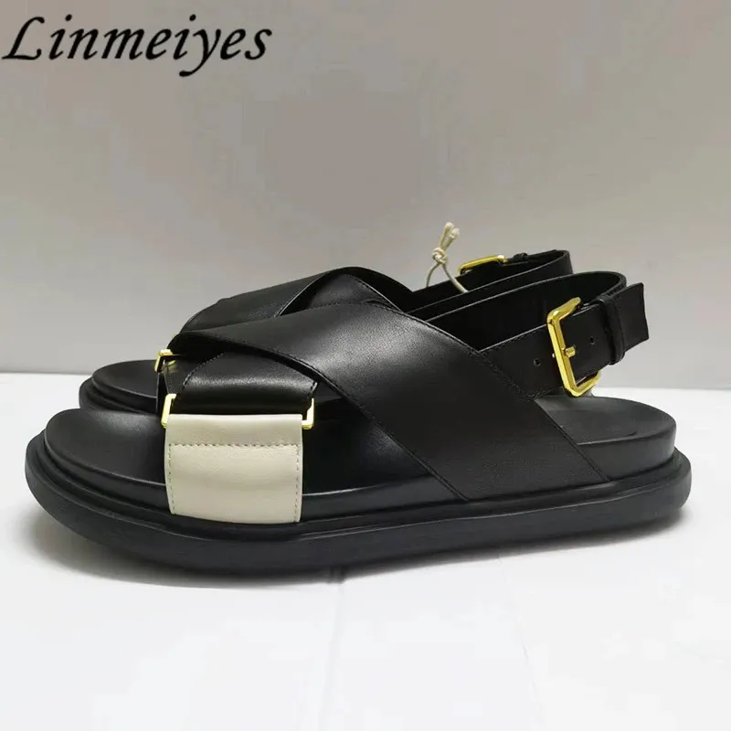 Thick Sole Sandals Women Genuine Leather Cross Strap Holiday Beach Shoes Female Casual Flat Sandalias Summer Woman 240326