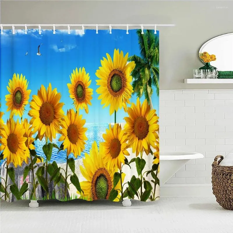 Rideaux de douche rideau imperméable pour la salle de bain Nature Fleurs de tournesol Polyester Polyester avec crochets avec crochets