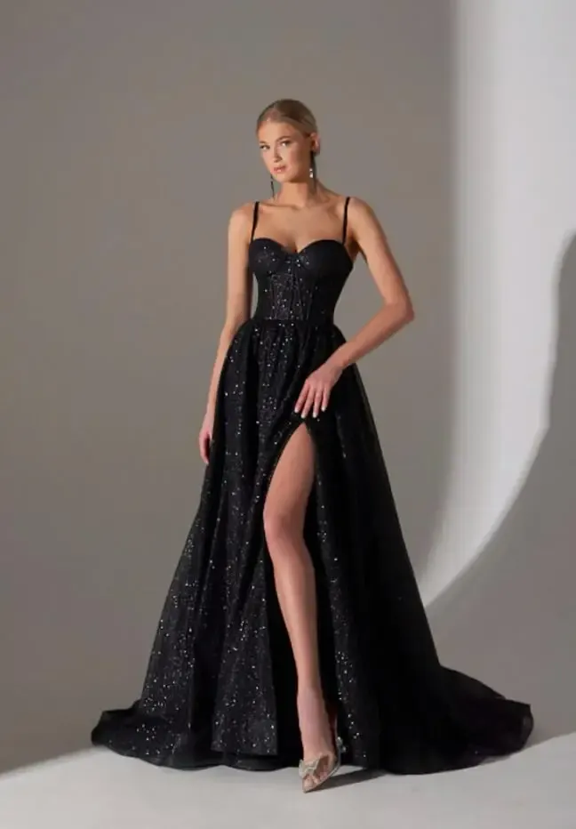 slim fit dress slacks Glitter Tulle Black A-Line Mini Dress Straps Wedding Guest Dress, Black / S main image 1