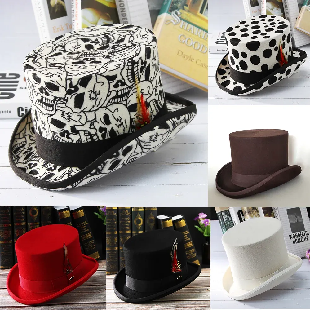 Fotography Men Hat Hat 100% lana Fedora Hat UNISEX Top Show Gentleman Cappello Black Red Magic Hat Hat Presidential Feather Accessori