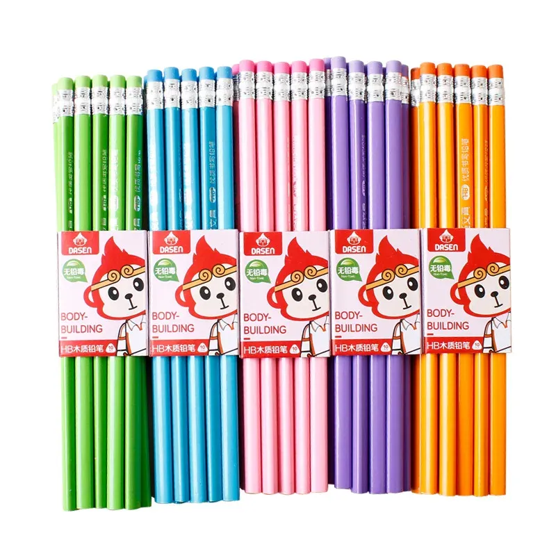 Lápis 100pcs clássico novo lápis de toras de cores sólidas com borracha anexada hb escrita Aprenda a escrever, escrita a lápis de papelaria de escritório