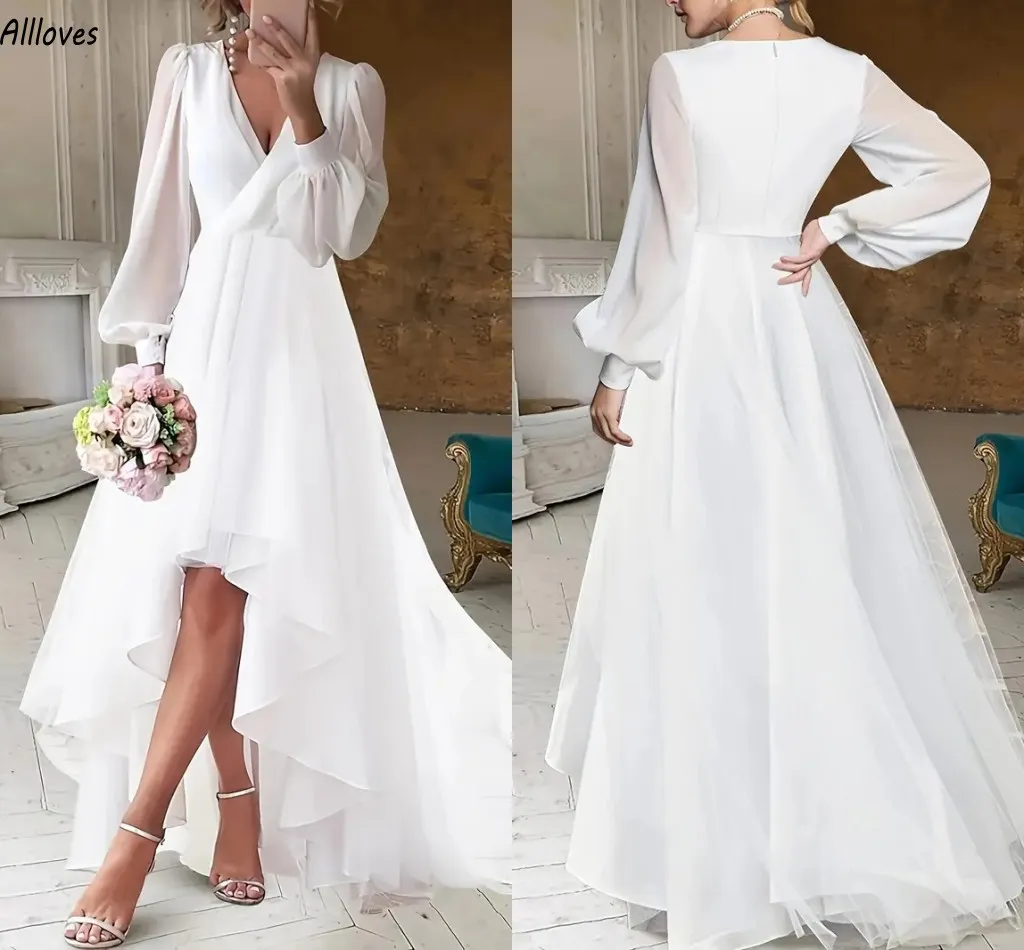 Hi-lo V Neck Chiffon A Line Wedding Dresses With Long Sleeves Boho Garden Beach Short Bridal Gowns Zipper Beack Simple White Bride Reception Dance Party Dress CL3450