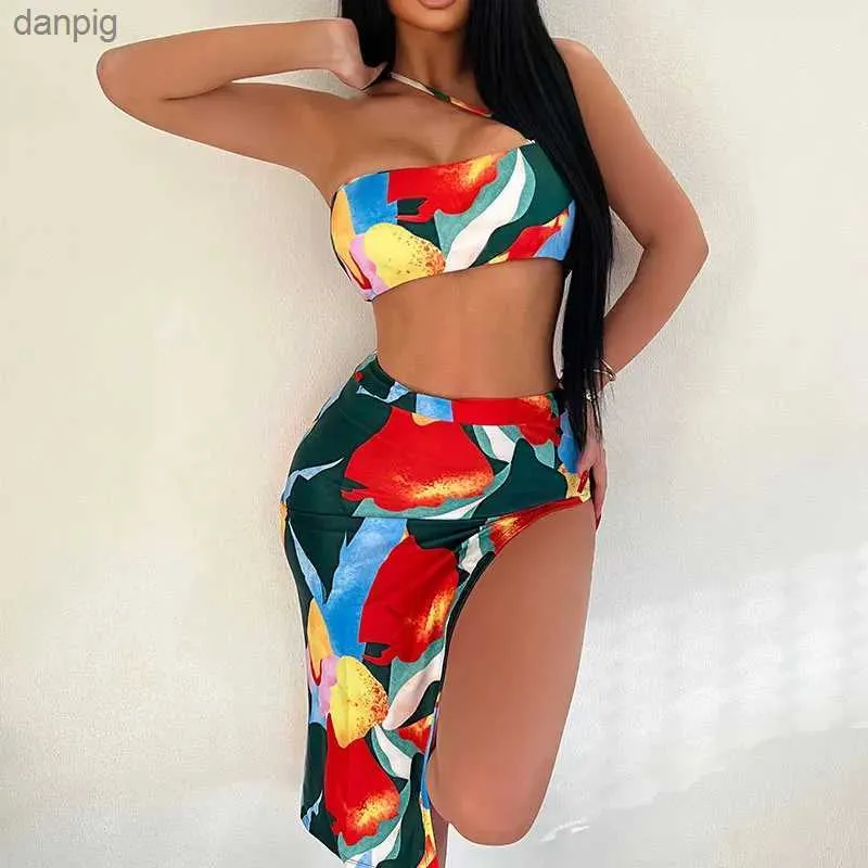 Swimwear pour femmes New Trade Split Split Body Swimsuit Thr Piece Set with Coumter Color Patchwork Sexy Blessuit Swimsuit Y240402