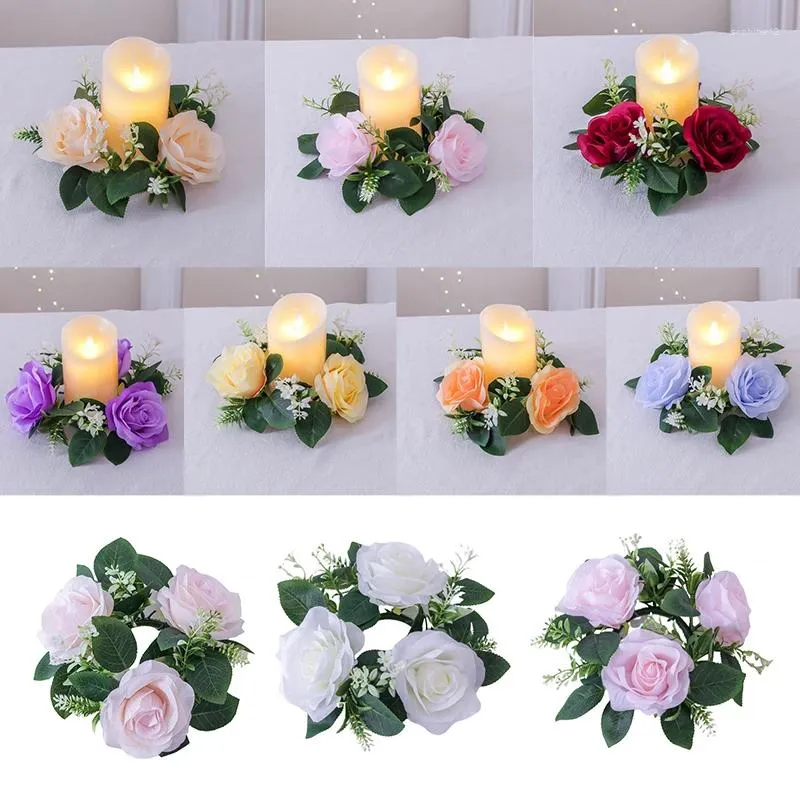 Dekoratif çiçekler şamdan çelenk çelenk yapay gül mum tutucu çiçek yüzüğü ev parti düğün masa dekorasyon