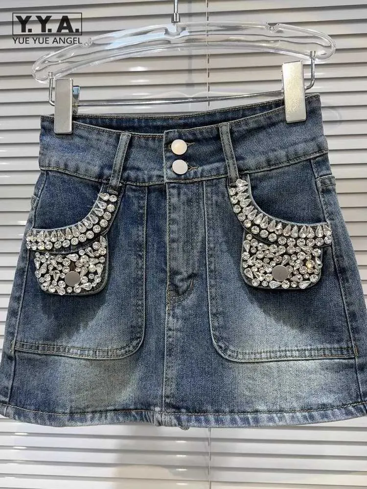 Городские сексуальные платья Женщины весна летняя модная джинсовая юбка с высокой талией бриллианты карманные винтажные грузовые юбки на высокой улице.