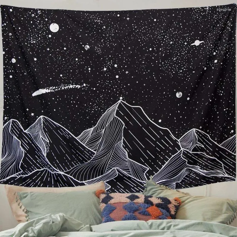 Tapestries Sun Moon Mountain Tapestry Wall Hanging Black White Ancient Witchcraft Hippie Starry Sky Living Room Home Dorm Decor