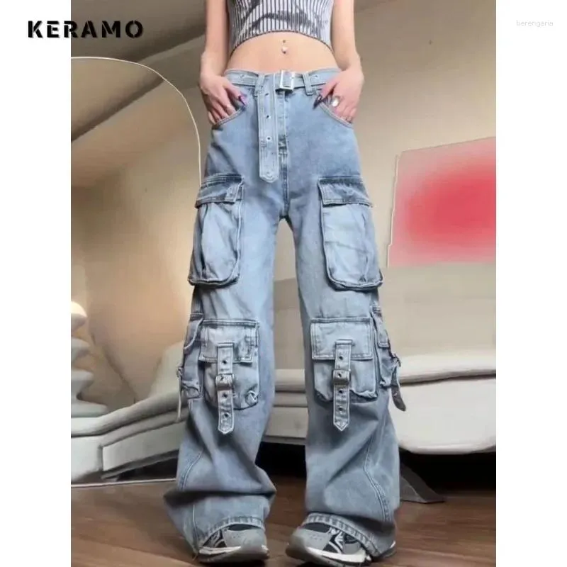 Jeans da donna stile grunge moda dritto vintage a vita alta pantaloni a figura intera retrò gamba larga tasche larghe pantaloni in denim