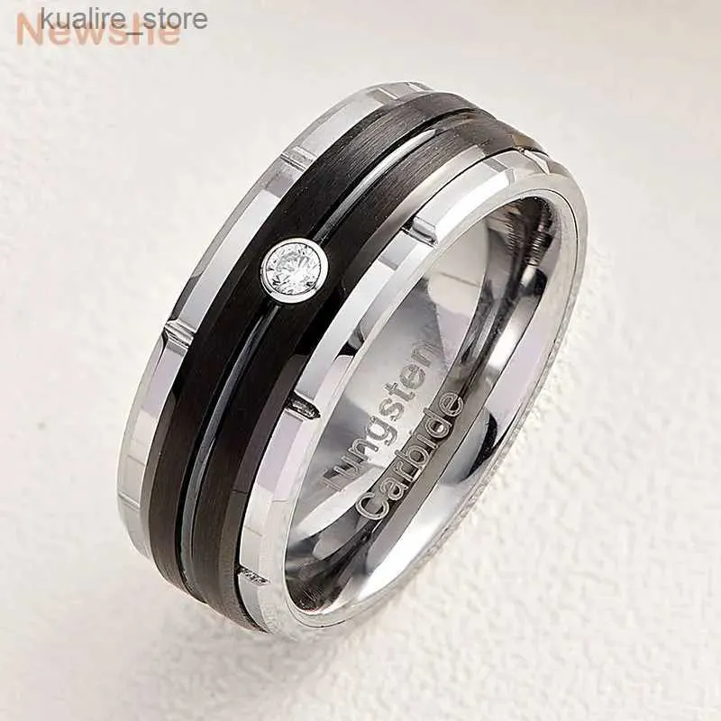 Cluster Rings Newshe Black/ Rose/White Gold Color Mens Wedding Band 8mm Matte Brushed Tungsten Rings for Him Cubic Zircon Size 8-13 L240402