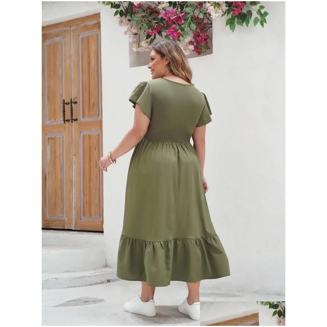 Vestidos de talla grande Ropa para mujeres 2024 Summer V-Eck manga corta Color sólido Midi Vestido midi Elegante entrega de caída Apardo Dh1gm