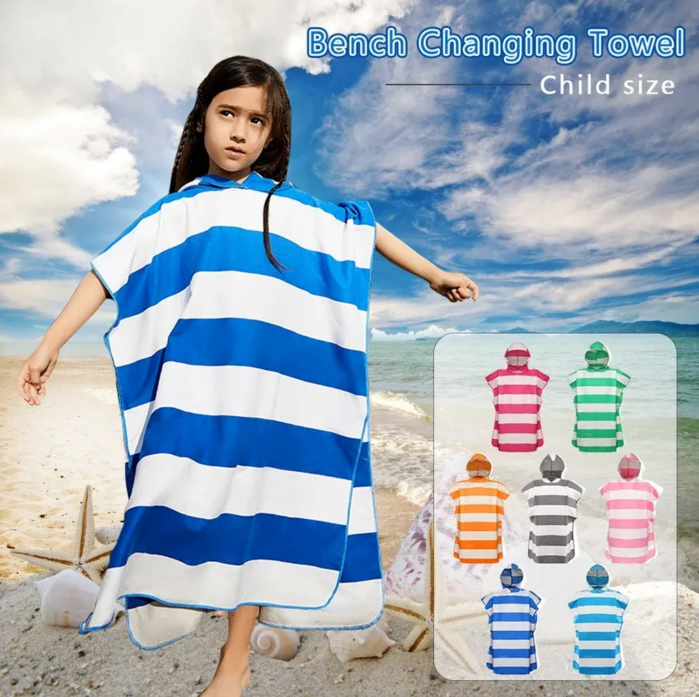 Tillbehör Kids Stripe Printied Microfiber Beach Handduk Byte Robe Poncho Lätt snabb torr huva badrock för Surf Beach Simmare