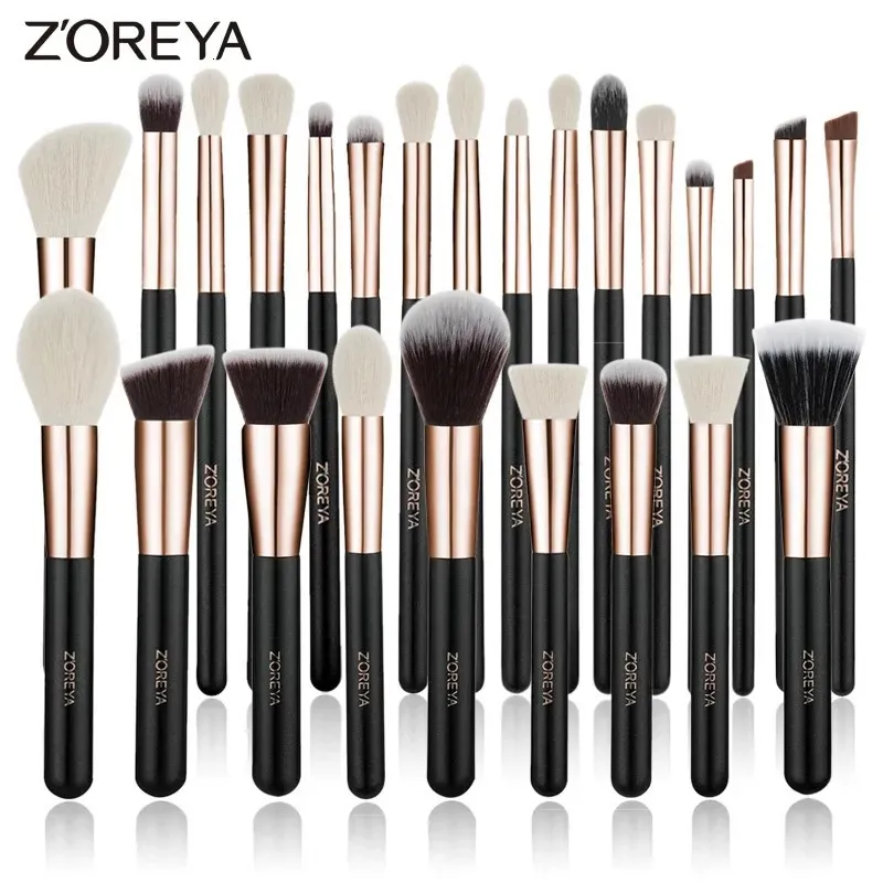 Zoreya Black Makeup Borstes Set Natural Hair Foundation Powder Eyebrow Contour Eyeshadow Make Up Maquiage 240403