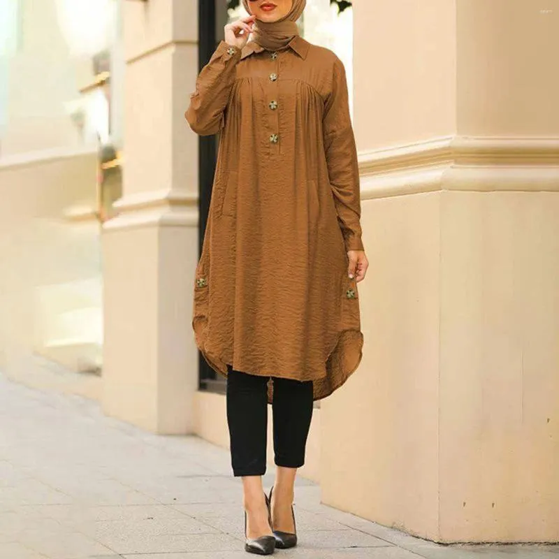 Ropa étnica Estilo musulmán árabe para mujeres Temperamento de faldas largas de color sólido botón de manga de manga za