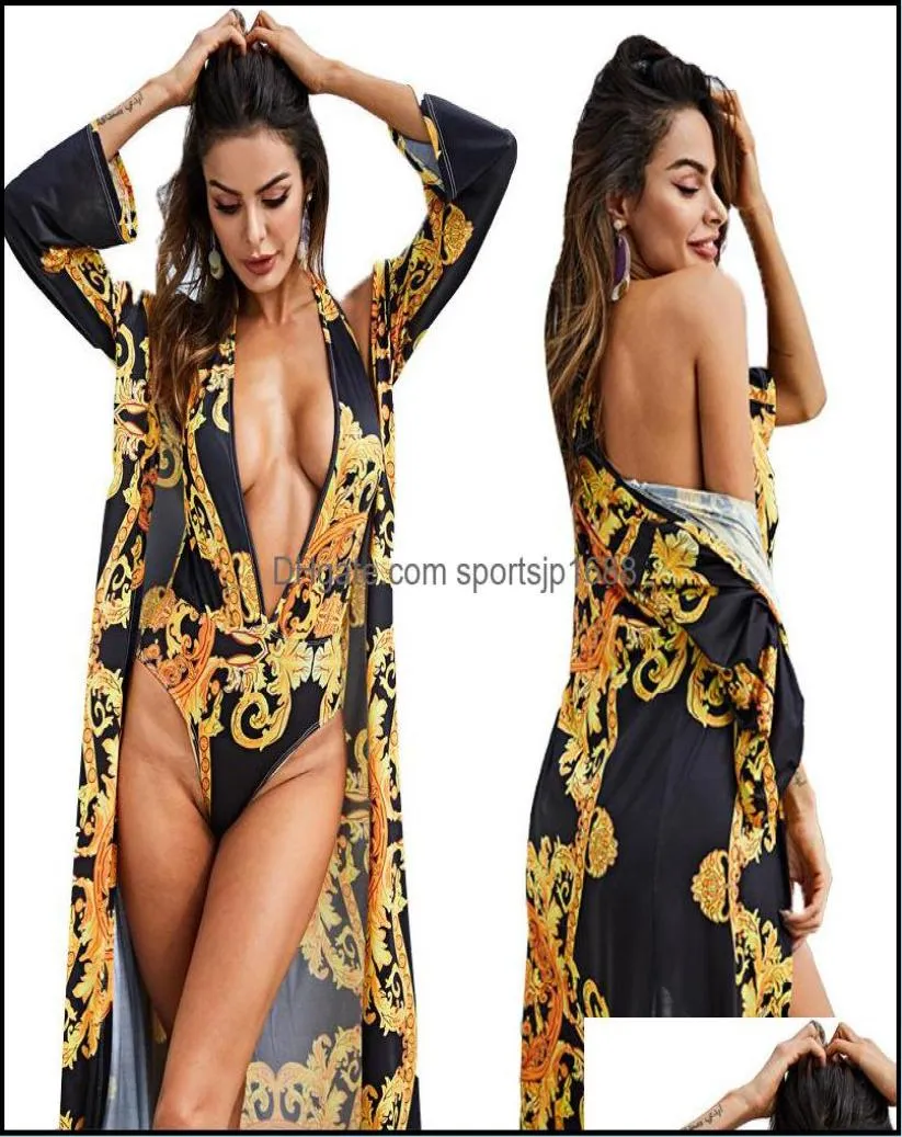 Swim Wear Sports Outdoors Sexy Printing Long Sleeve Er Up Women S Designer Bathing Suit Two Piece Set One V Neck Swimsuit S5981764