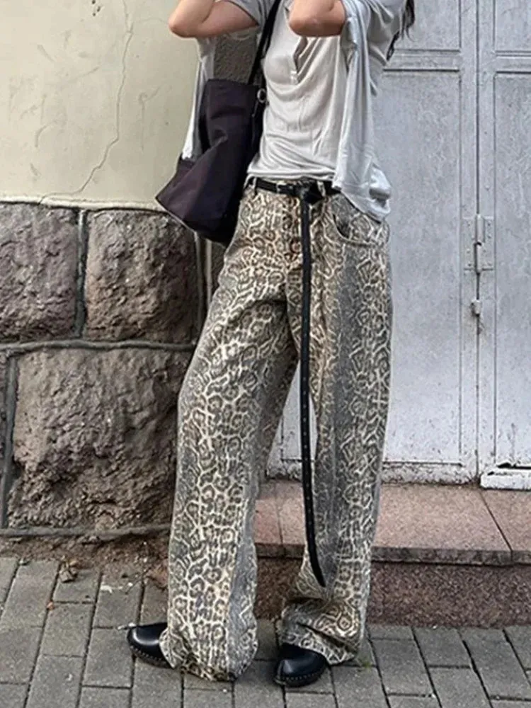 Jeans stampati leopardati per donne y2k americano di lusso retrò streetwear sciolto in stile coreano dritto gamba larga oversize Y240403