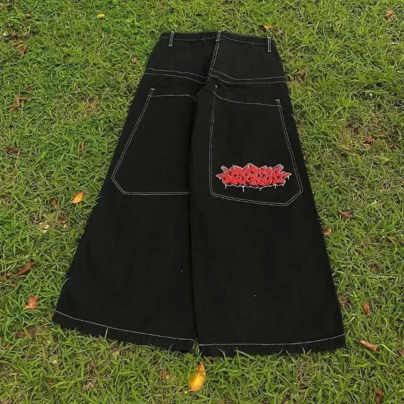 Houzhou Y2KバギージーンズメンレトロストリートウェアハイウエストビッグパターンヴィンテージウィダッグズボンHiphop Gothic Pants Harajuku 240403