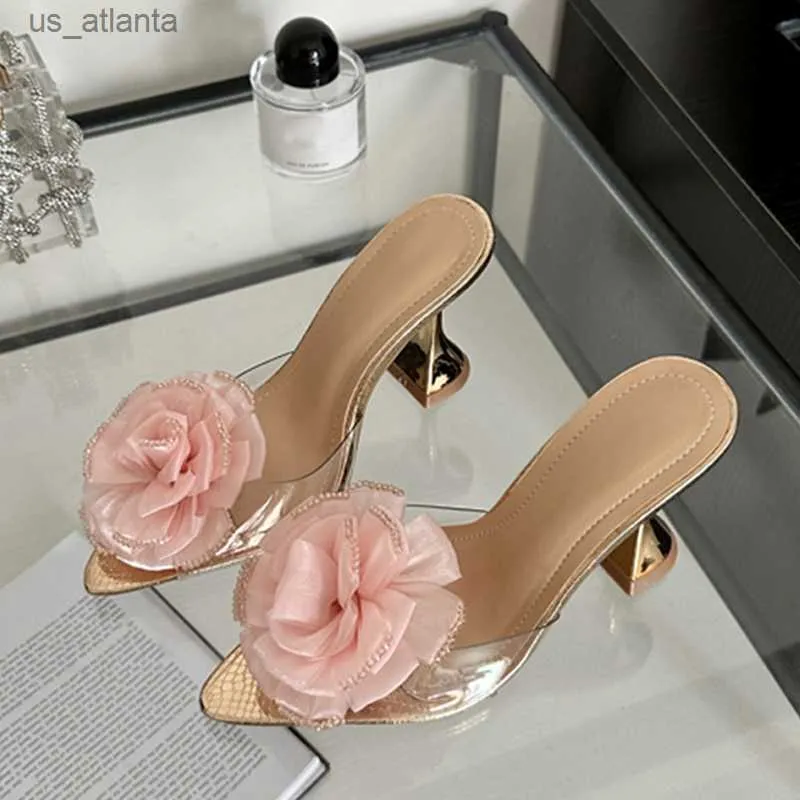 Dress Shoes Liyke PVC Transparent Slippers For Women Fashion Flowers Pointed Toe Clear High Heels Sandals Summer Party Slides Pumps H240403DKGW