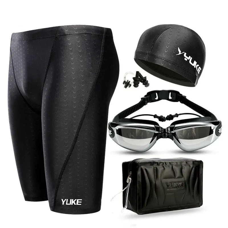 Swimwear Men Swimming Trunks Five Minute Dry Trunks Men's Waterproof Swimsuit Swimming Outfit Shark Skin Imitation Cap myopia Goggles Set