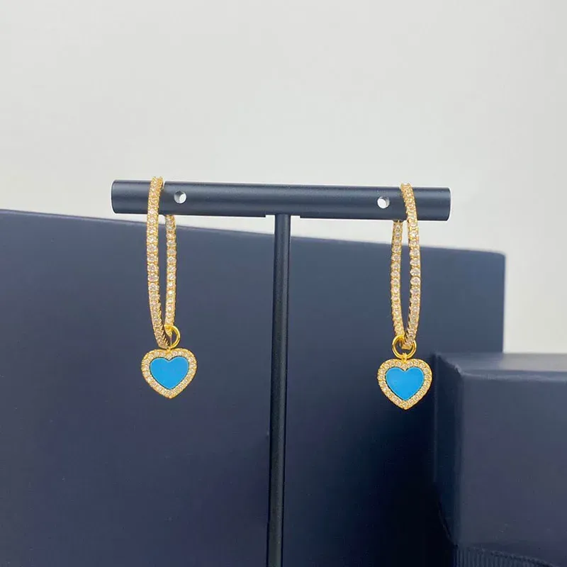 Boucles d'oreilles Sljely Fashion S925 STERLING Silver Yellow Gold Couleur Lagoon Blue Love Heart Hoop Boucles d'oreilles Femmes June Collection Bijoux