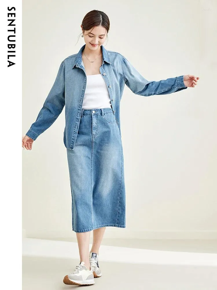 Abiti da lavoro Sentubila Gonna di jeans Set di due pezzi per le donne 2024 Abiti Autuman in camicia a maniche lunghe abbinata Midi