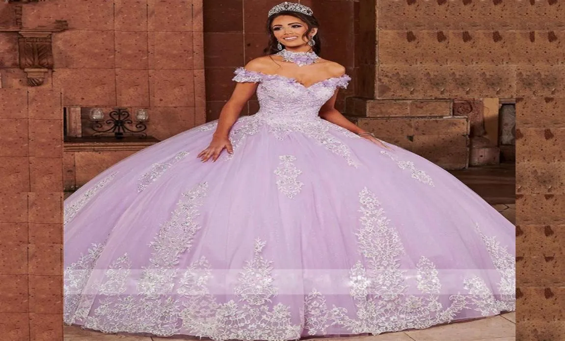 Lila Quinceanera Dresses 2022 van de schouder Maskerade Sweet 16 Jurns Lace Appliques kralen baljurk prom jurk1299590