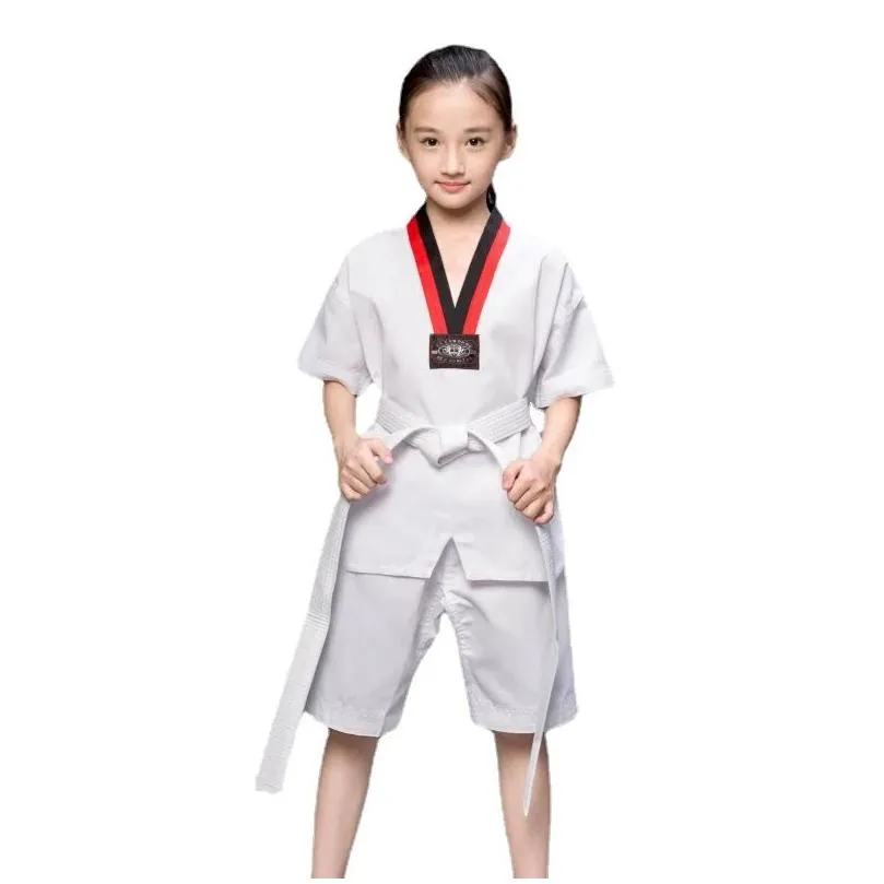 Outdoor Fitness Equipment Products 2023 Tkd Costumes Clothing White Taekwondo Uniforms Wtf Karate Judo Dobok Clothes Children Adt Uni Otqmf