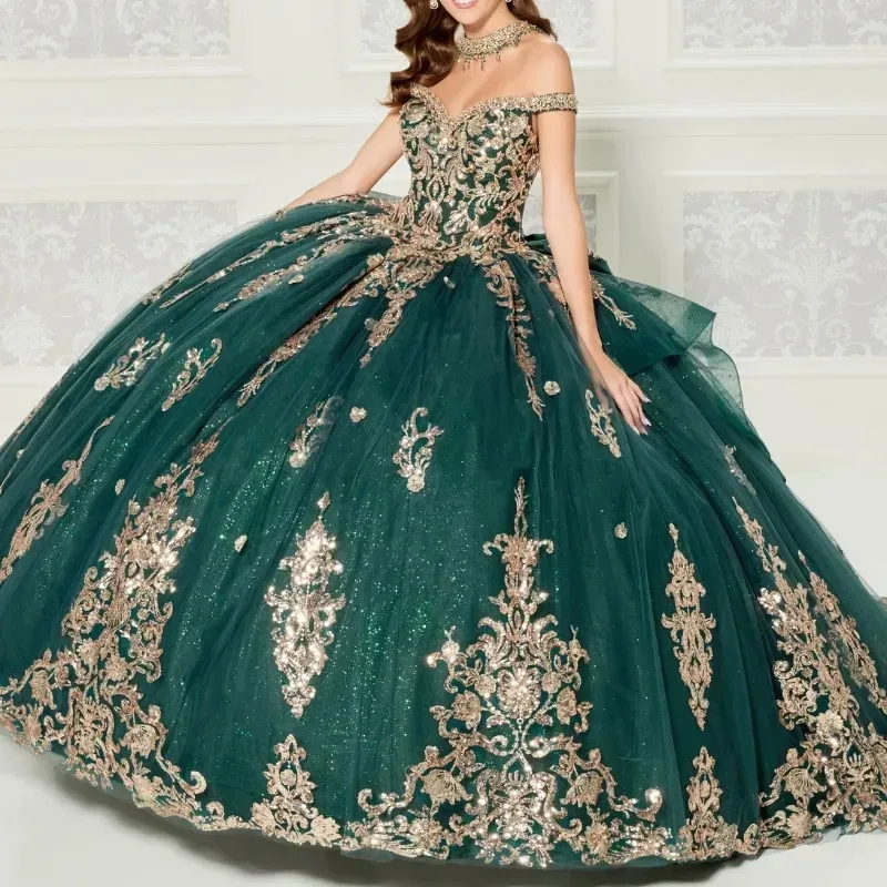 .Emerald Green Quinceanera Dress Off Shoulder Ball Jurk Corset Verjaardagsfeestje Gold Applique Beads Vestidos de 15 0403