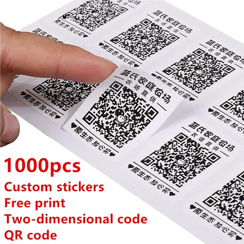 Adesivos 1000pcs adesivos personalizados impressão grátis código 2d Código de barra impresso Código tidimensional Código QR Tags de etiqueta de resposta rápida