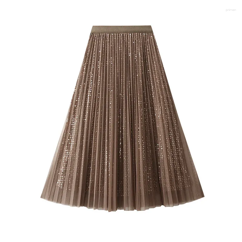 Skirts High Street Sequined Skirt Women Spring Summer Tulle For Waist Long Pleated Black Beige Maxi