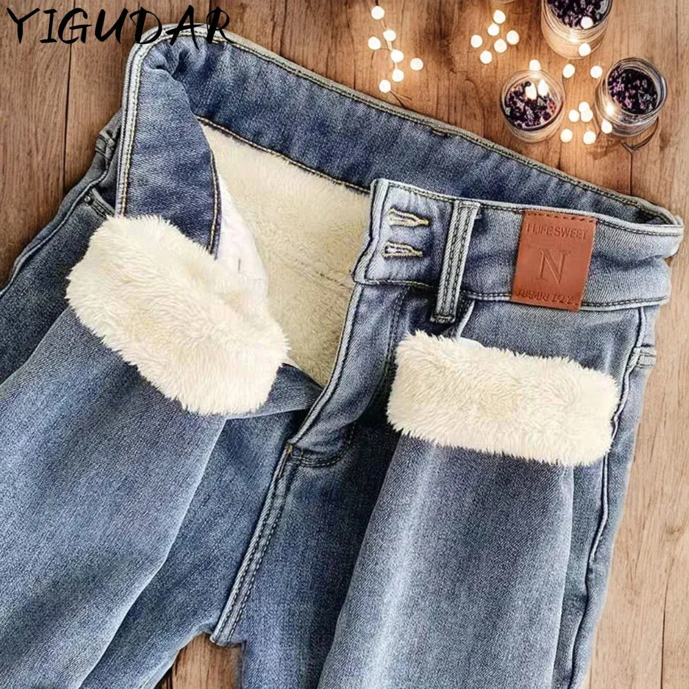 Kvinnor jeans sammet jean fleece varm koreansk mode hög midja mager elastisk pant casual benging vinter 240403