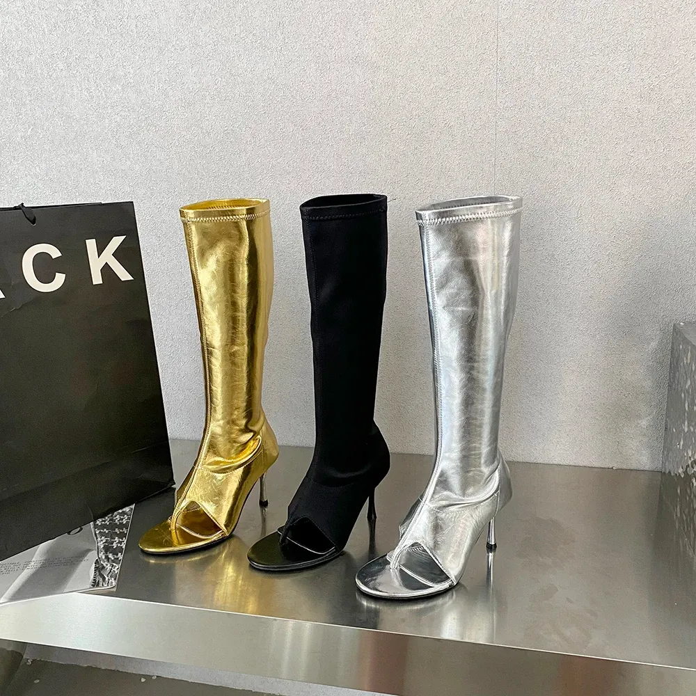 Boots Clip Toe Women Knee High Boots Fashion Stretch Shoes Round Toe Black Silver Gold Thin High Heels Sexy Back Zipper Sock Boots 39