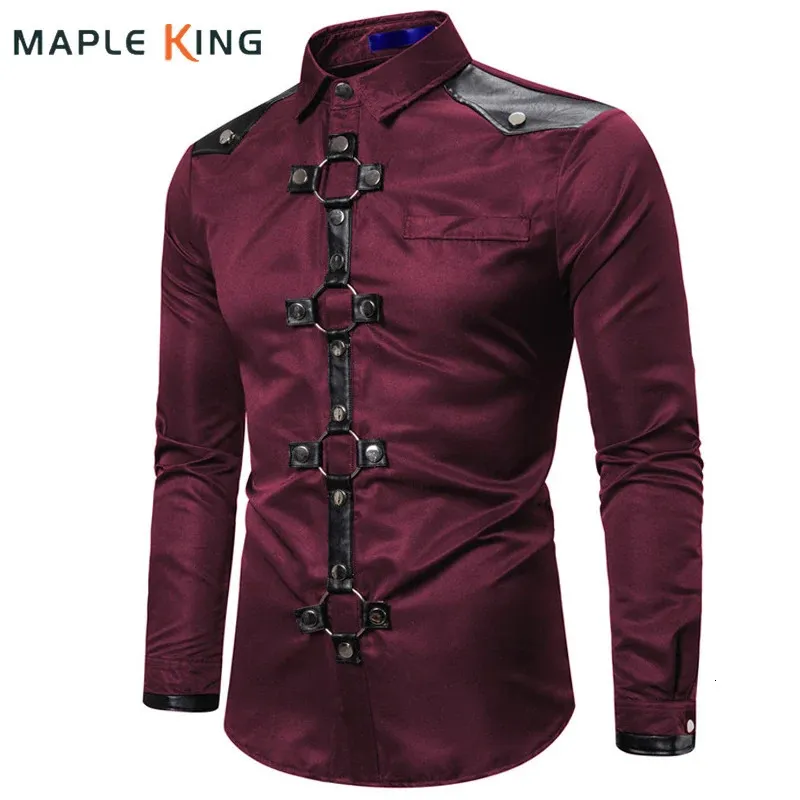 Long Shirt Men Goth Style Rivet Solid Color Cargo Shirt Slim Fit Chemise Noel Party Singer Stage Streetwear For Men Clothing 240326