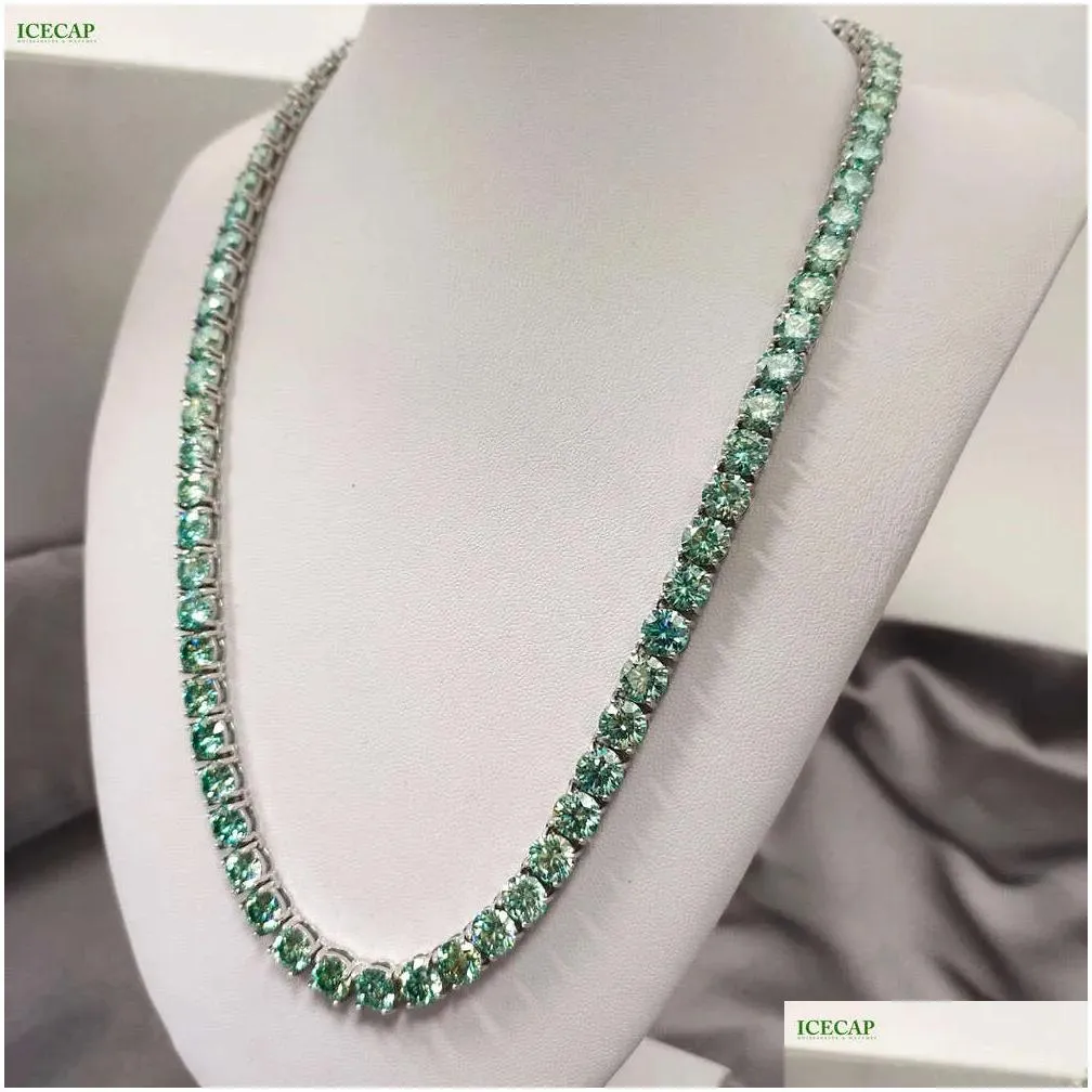 Colares pendentes Gra Moissanite Diamond Tennis Chain Wide 8mm Corte redondo verde azul 925 Sier Hip Hop Drop Deliver