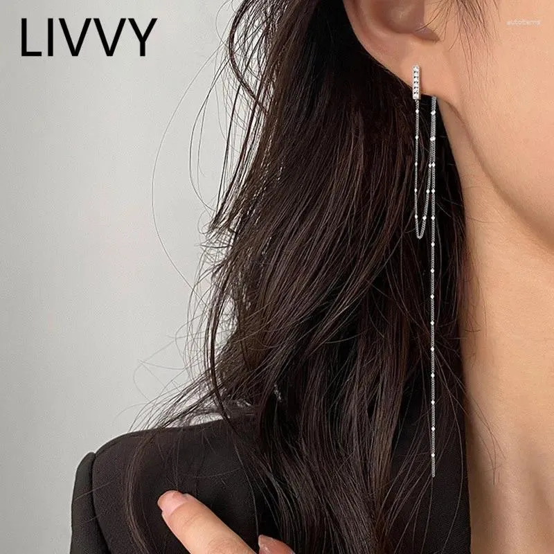 Stud Earrings LIVVY Silver Color Long Tassel Zircon Asymmetric Female Temperament Charm Fashion Elegant Jewelry Accessories