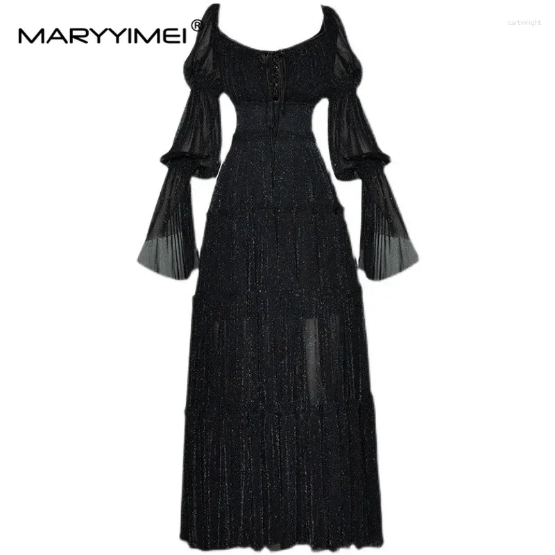 Casual Dresses Maryyime Fashion Dress Women's Summer Long Gorgeous Party Square Collar Black Sparkling Flare Sleeve Elastic midja