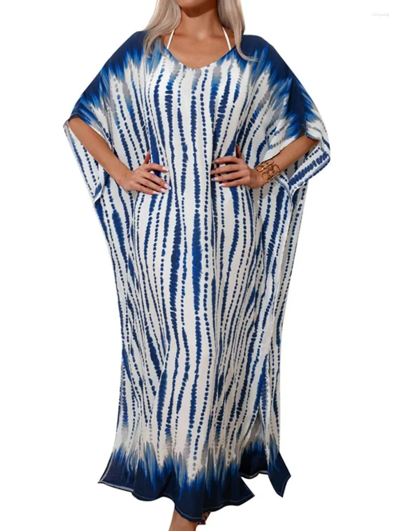 Frauen Lange Print Bademode Cover Up Kleid V-ausschnitt Seite Split Türkische Kaftans Badeanzug Kaftan Strand Beachwear