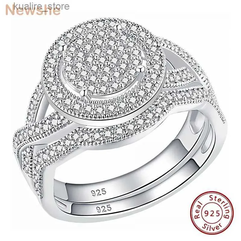 Cluster ringen Newshe Solid 925 Sterling Silver Engagement Wedding Rings Set voor vrouwen Halo Cluster Round Aaaaa Cubic Zirkon Bridals Sieraden L240402