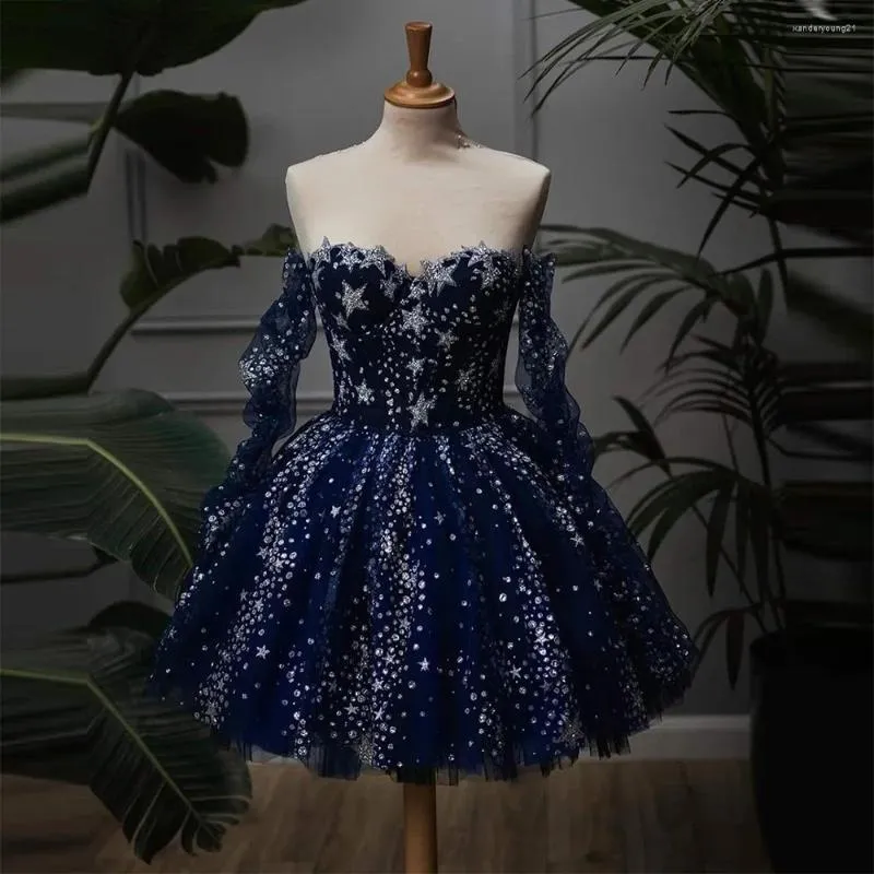 Party Dresses Sevintage Glitter Navy Blue Starry Tulle Prom Long Sleeves Sweetheart Pleat Ruched Mini Aftonklänningar Formell klänning