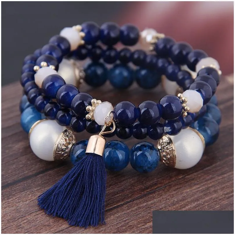 Braccialetti Charm Bohemian 3pcs set per perle a ciondoli per nappa per donne simulate di gioielli perle Bracciale femminile Boho273t Droplese Dhqrr