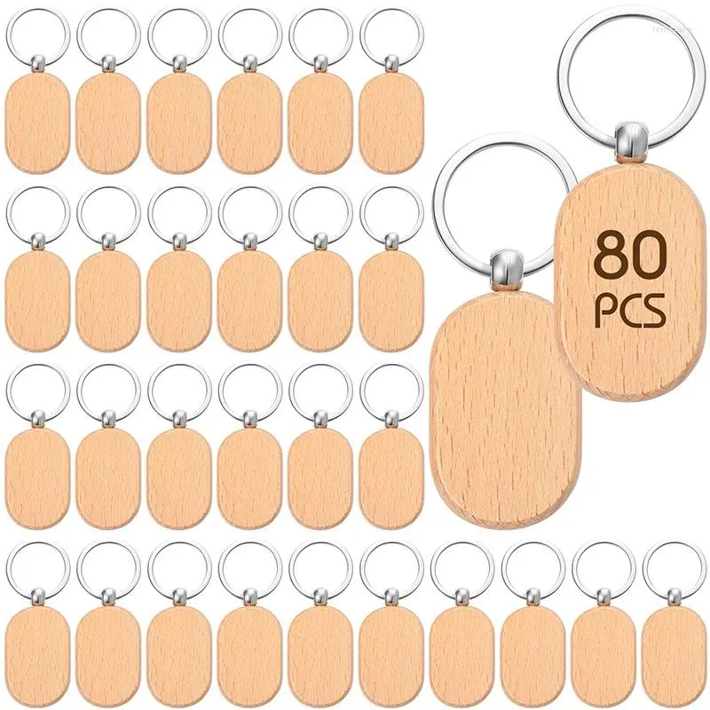 Keychains 80Pcs Blank Wooden Keychain DIY Wood Key Chain Unfinished Tag