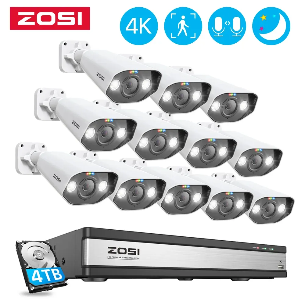 System Zosi 4K 8MP POE Security Camera System 16ch P2P AI Video Surveillance Kit Tway Audio Outdoor Home 8MP IP Camera CCTV NVR Set