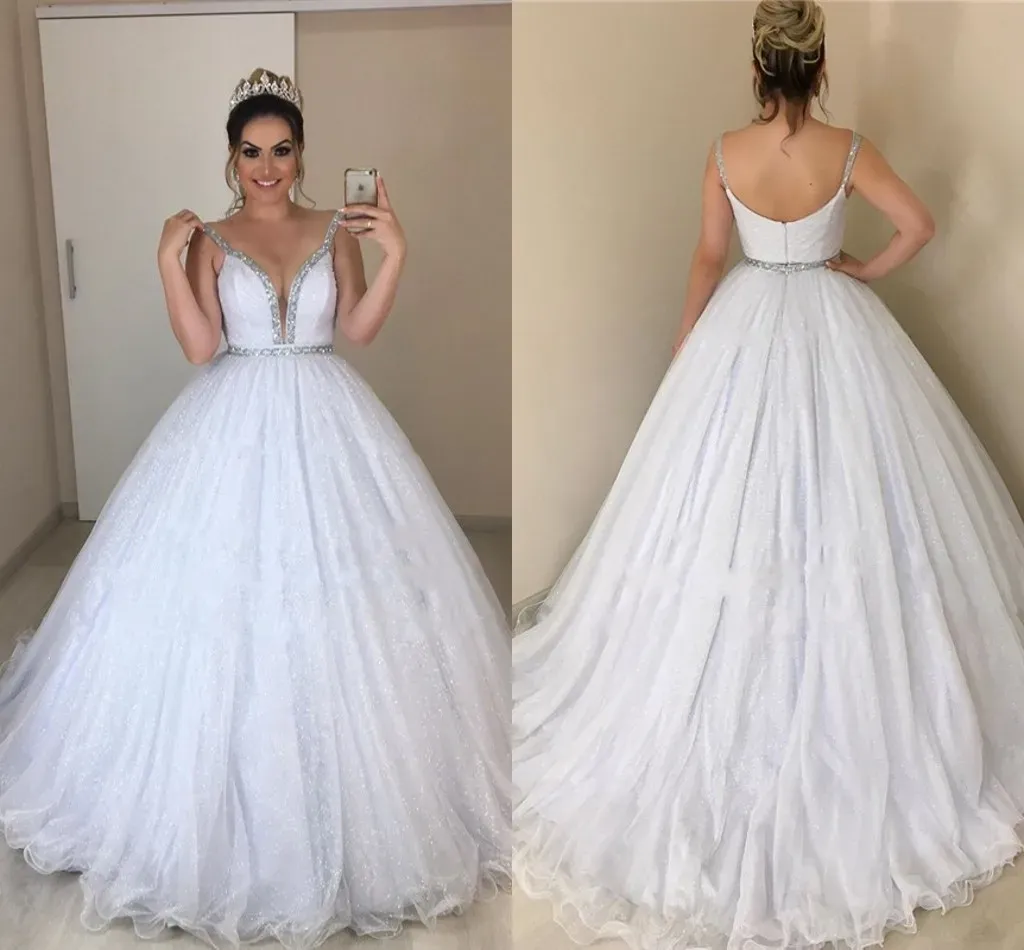 Dresses Spaghetti Beaded Straps Ball Gown Wedding Dresses 2022 Plunging Vneck Glitter Tulle Crystal Open Back Bridal Party Dress Vestidos